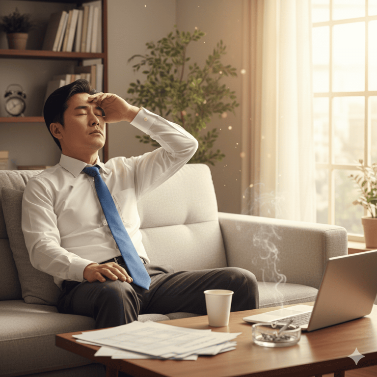 과도한 업무 스트레스, 불규칙한 생활, 흡연 등으로 인해 
전신 건강이 저하되었다고 느끼는 한국 중년남성이미지.