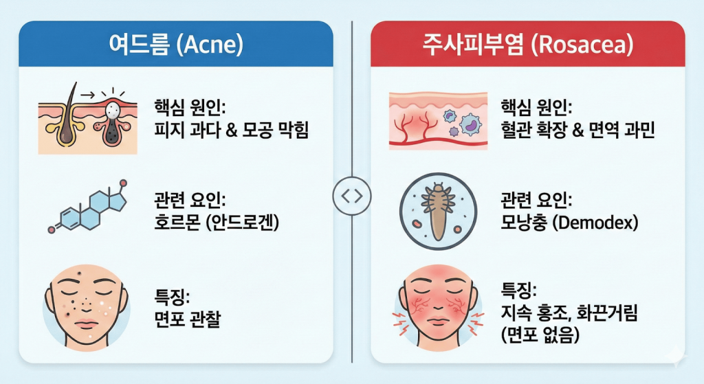 여드름과 주사피부염의 차이점을  비교하는 표, 여드름과 주사피부염을  정확히구별할수 있게됩니다