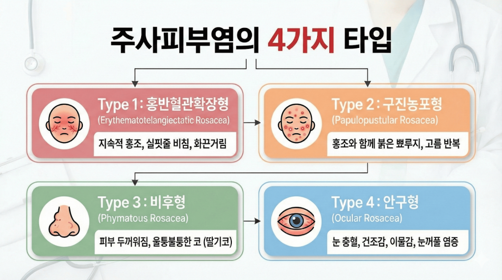 4가지형태의 주사피부염이 있습니다. 홍반혈관확장형, 구진농포형, 딸기코처럼 피부가 두꺼워지는 비후형  그리고 눈충혈과 눈건조함 염증을 동반하는 안구형입니다