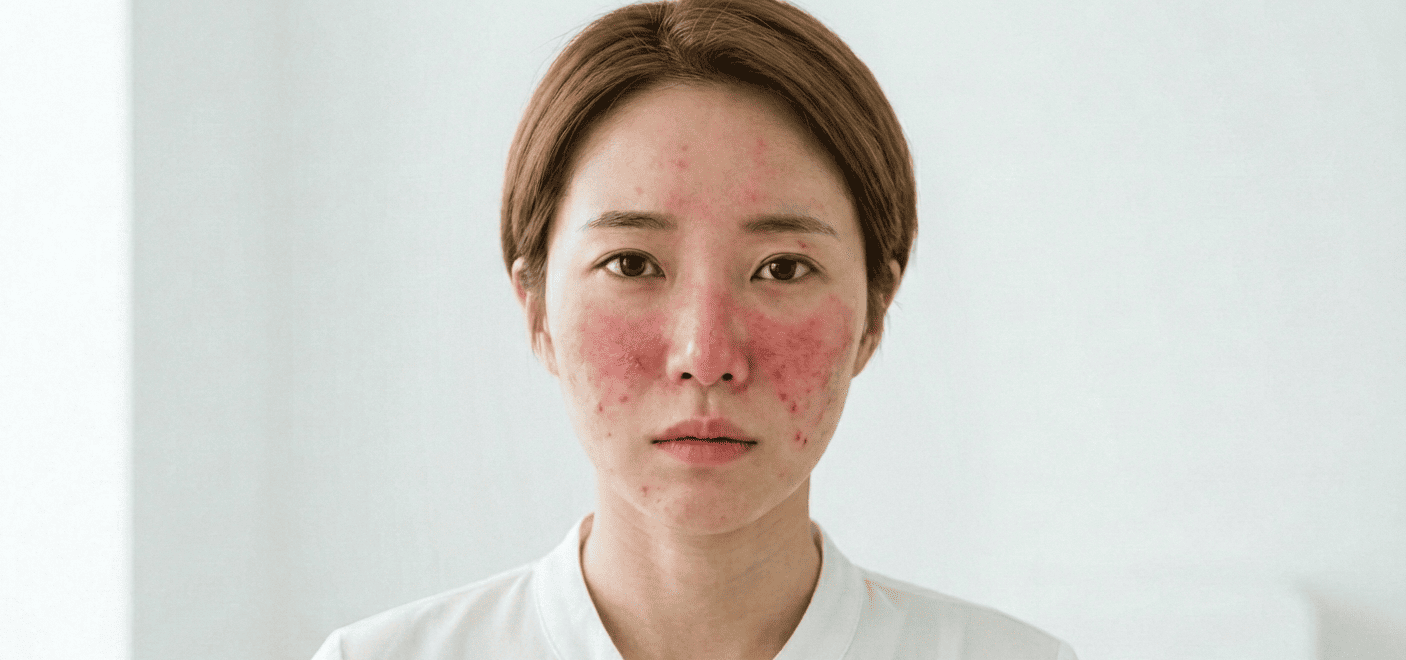 주사피부염의 대표적특징을 보여주는 한국 젊은 여성의 안면피부이미지