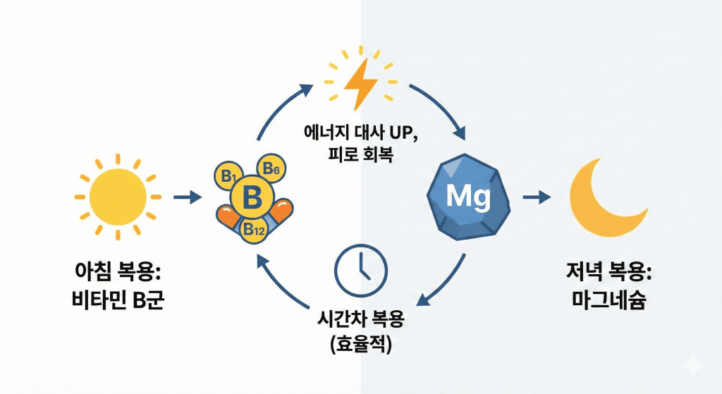 아침에 복용하는 비타민 B군과 저녁에 복용하는 마그네슘이 순환하며 시너지를 일으켜 에너지 대사를 높이고 피로 회복을 돕는다는 내용을 담은 인포그래픽입니다. 가운데 시계 아이콘은 두 성분의 효율적인 시간차 복용을 의미합니다.