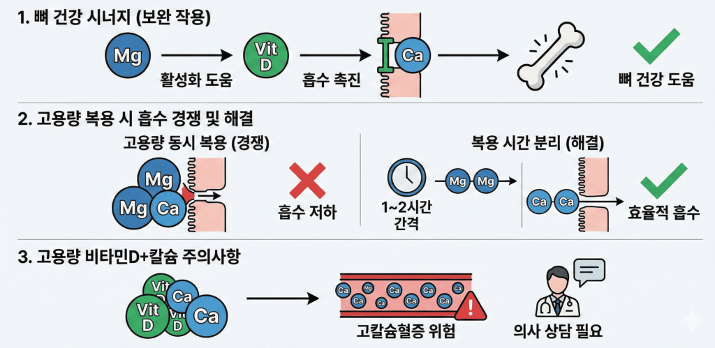 칼슘, 마그네슘, 비타민 D의 상호작용과 복용법을 세 부분으로 나눈 인포그래픽입니다. 1번은 세 성분의 뼈 건강 시너지 효과, 2번은 고용량 동시 복용 시 흡수 경쟁과 시간 분리 해결책, 3번은 고용량 비타민 D와 칼슘 병용 시 고칼슘혈증 위험에 대한 의사 상담 필요성을 설명합니다.