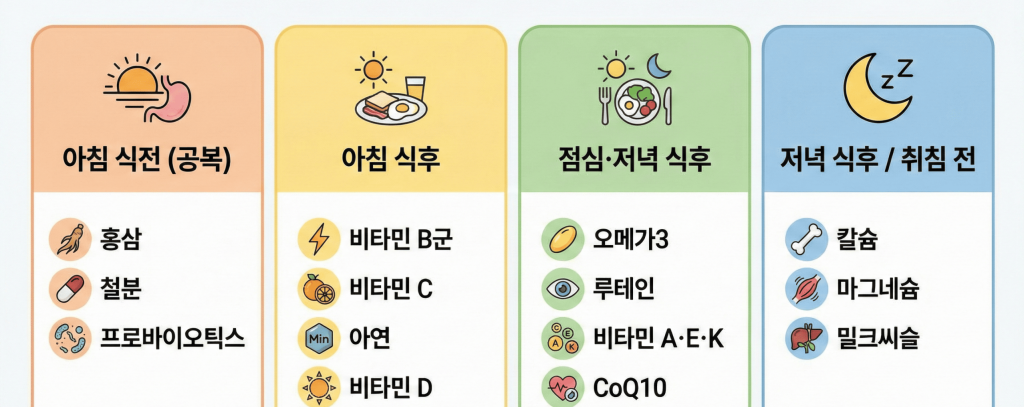 '시간대별 권장 건강기능식품 리스트' 제목의 표 형식 인포그래픽입니다. 아침 식전(홍삼, 철분, 유산균), 아침 식후(비타민 B·C·D, 아연), 점심·저녁 식후(오메가3, 루테인 등), 저녁 식후/취침 전(칼슘, 마그네슘, 밀크씨슬)으로 나누어 적절한 영양제를 아이콘과 함께 나열했습니다.