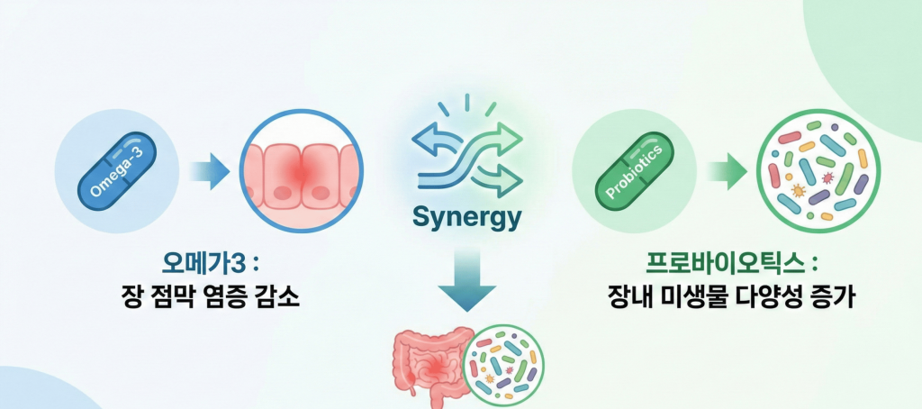 오메가3의 장 점막 염증 감소 효과와 프로바이오틱스의 장내 미생물 다양성 증가 효과가 결합되어 시너지를 일으키고, 결과적으로 전반적인 장 건강이 강화됨을 보여주는 '함께 복용 시 효과 강화(시너지)' 인포그래픽입니다.
