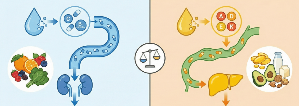 수용성 비타민(왼쪽, 파란색)과 지용성 비타민(오른쪽, 주황색)의 체내 흡수 및 배출 경로를 비교한 인포그래픽입니다. 수용성은 물에 녹아 신장을 통해 쉽게 배출되고, 지용성은 기름과 함께 흡수되어 간과 지방에 체내 저장되는 과정을 관련 식품과 함께 보여줍니다.