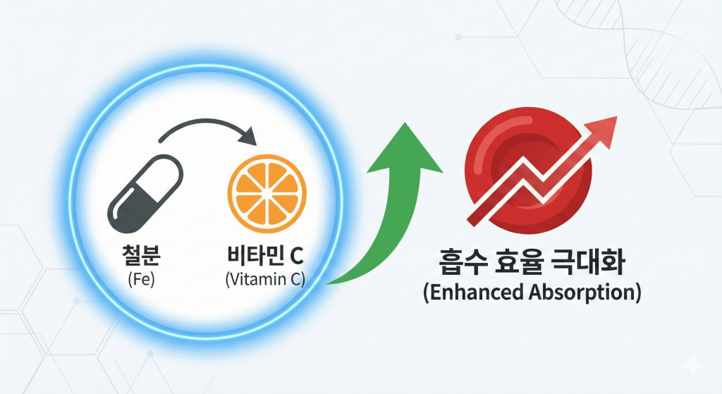 빛나는 파란 원 안에 철분(Fe) 캡슐과 비타민 C(오렌지 단면)가 화살표로 연결되어 있고, 이것이 커다란 초록색 화살표를 통해 적혈구의 '흡수 효율 극대화(Enhanced Absorption)'로 이어짐을 나타내는 깔끔한 과학 그래픽 스타일의 이미지입니다.