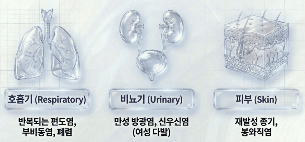 재발성 감염 주요 부위 - 호흡기(폐렴, 편도염), 비뇨기(방광염), 피부(봉와직염). 재발성감염이 흔히 일어나는 3대부위를 보여주는 이미지