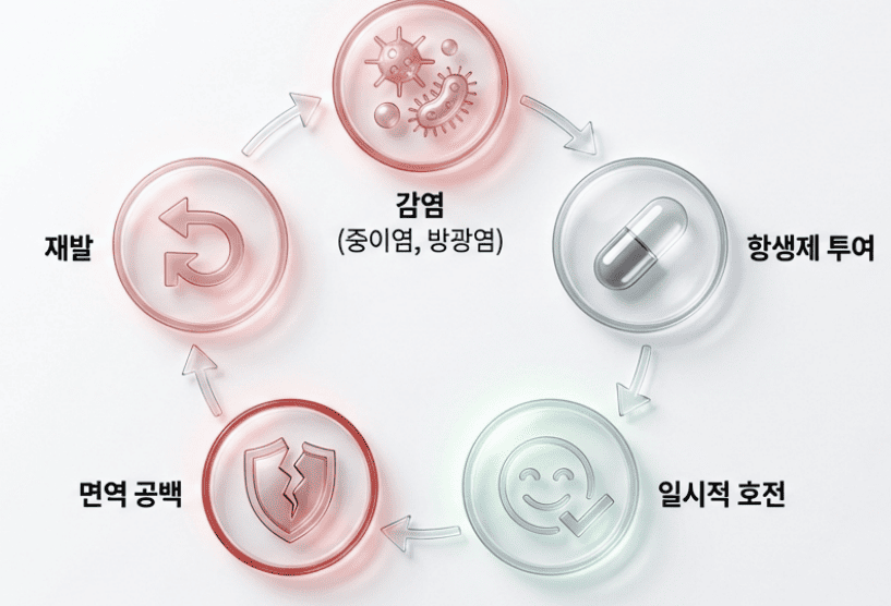 재발성 감염 악순환 - 감염→항생제→호전→면역공백→재발 반복 사이클을 보여주는 이미지