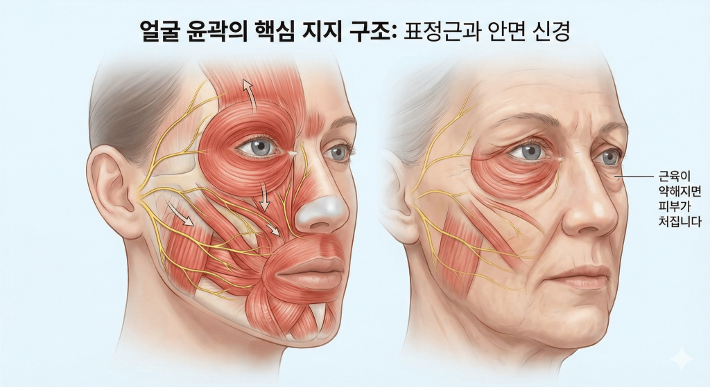 얼국 근육층및 안면신경 구조의 다이어그램