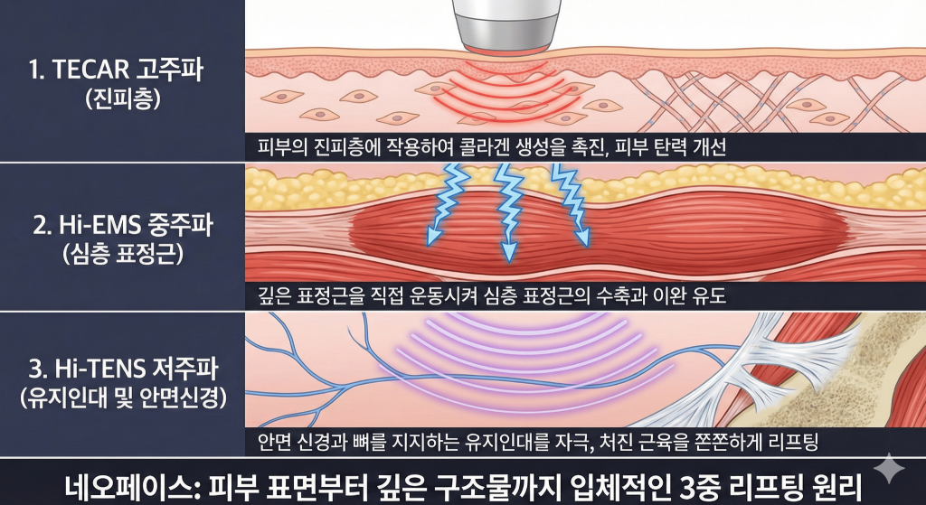 네오페이스의 3주에너지를 설명하는 이미지- 고주파 중주파 저주파의 3가지 에너지를 표현함