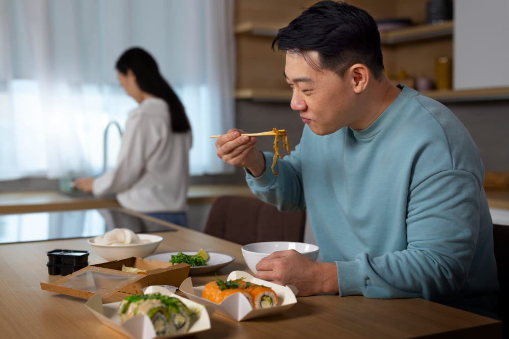 배달 음식을 혼자 먹는 남성, 불규칙한 식사 패턴과 배달 탄수화물 위주 식사의 혈당 영향