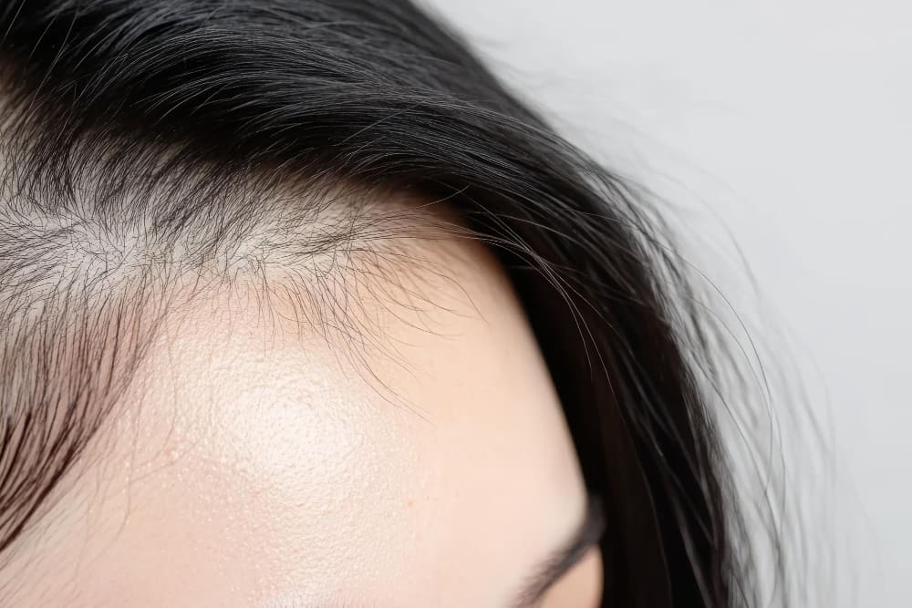 두피가 드러날 정도로 머리카락이 가늘어진 여성의 앞머리 클로즈업 — 영양 결핍성 탈모