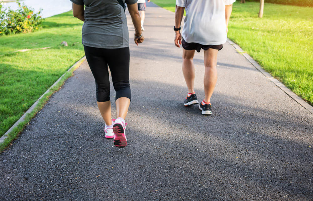 공원 산책로에서 함께 걷는 두 사람의 뒷모습 — 식후 15~20분 이내 보행으로 근육의 GLUT4 경로를 통해 혈당을 낮추는 당뇨 혈당 변동성 관리