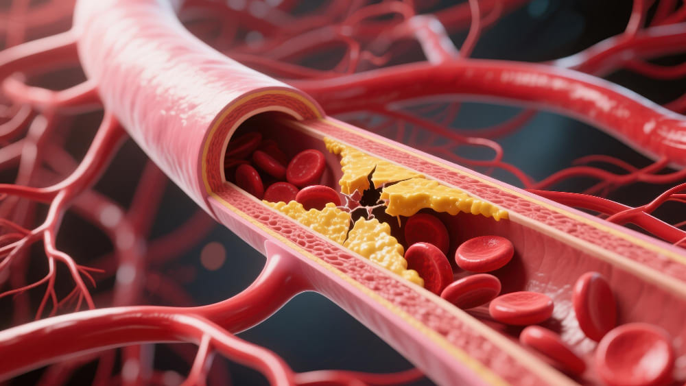 혈관 내 콜레스테롤 플라크 축적으로 좁아진 동맥 단면 — 말초동맥질환 수족냉증 원인