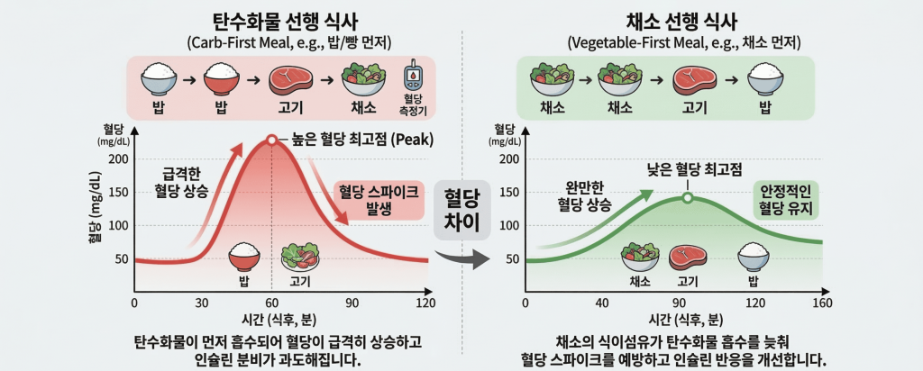 식사 순서의 과학 섹션 (인포그래픽) 탄수화물 선행 식사와 채소 선행 식사의 식후 혈당 곡선 비교 인포그래픽 — 채소 먼저 먹으면 혈당 스파이크 억제