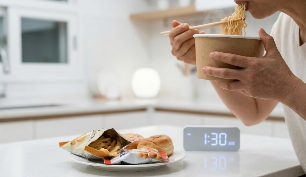 야식의 위험성 섹션 새벽 1시 30분, 컵라면과 과자를 먹는 모습 — 야간 인슐린 저항성을 높이는 야식 습관, 당뇨 전단계 혈당 관리 주의