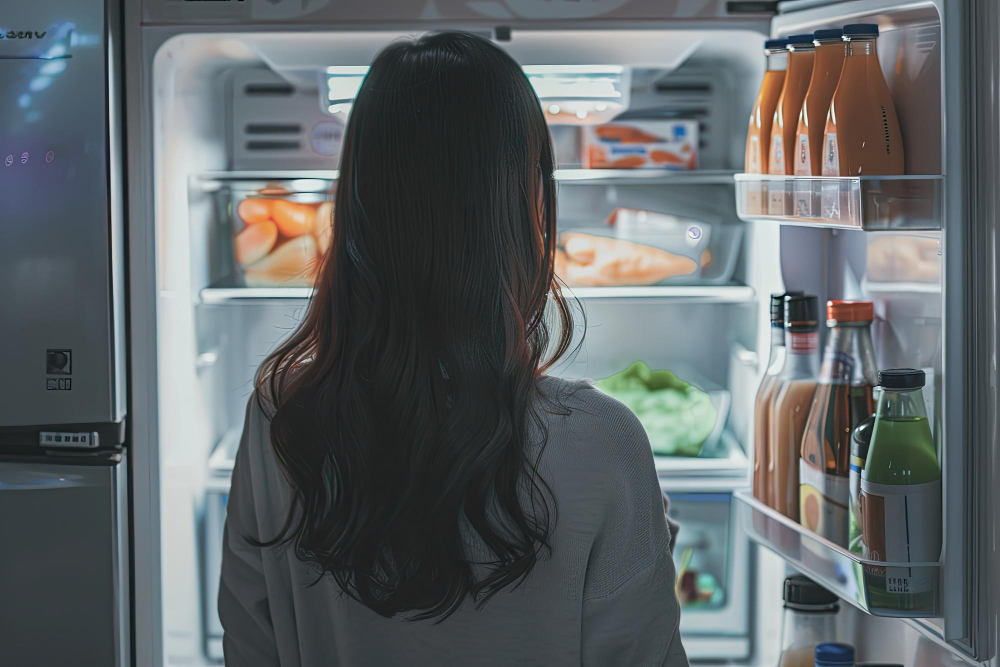 마운자로 중단 후 야간 식욕 충동으로 냉장고 앞에 서 있는 여성 — 요요 방지를 위한 냉장고 환경 설계의 중요성