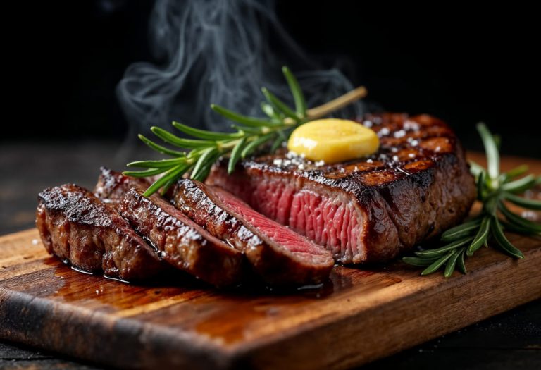 도마 위에 올린 구운 소고기 스테이크, 동물성 완전단백질과 필수아미노산 공급