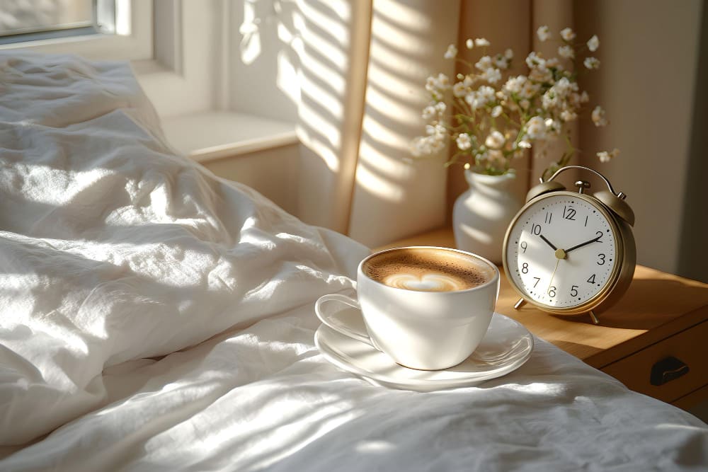 아침 침대 옆 알람시계와 커피, 기상 후 단백질 섭취로 야간 근이화 방지하는 아침 루틴.