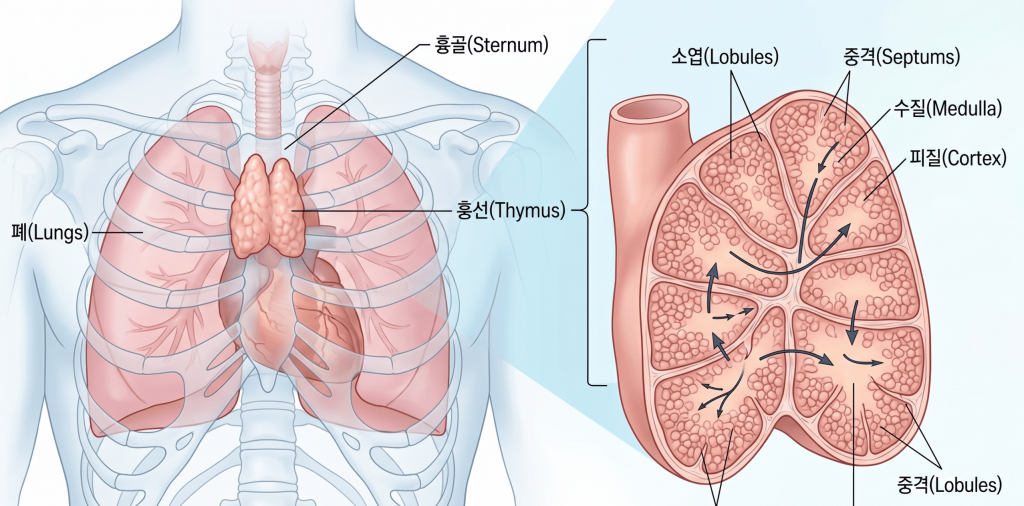 한국어: 흉선(Thymus) 위치 및 구조 해부도