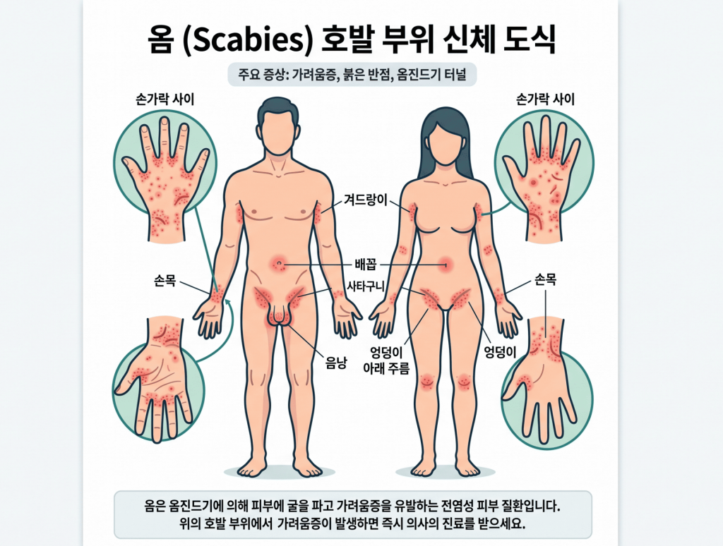 옴의 호발부위를 신체이미지로 표현함. 사타구니 손가락사이 손목 배꼽  엉덩이 겨드랑이등  다양한곳에서 병변이  발생가능함 