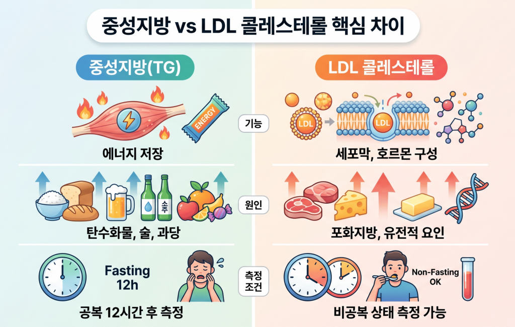 중성지방과 LDL콜레스테롤의 중요한 차이점을 알아보는 이미지. 