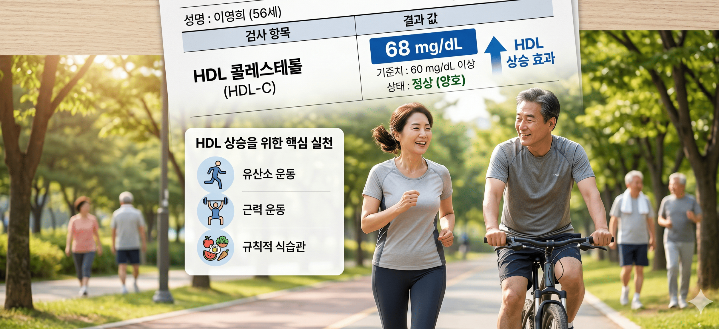 HDL상승을 유도하는 가장 효율적인 방법은 운동임을 알려주는 이미지