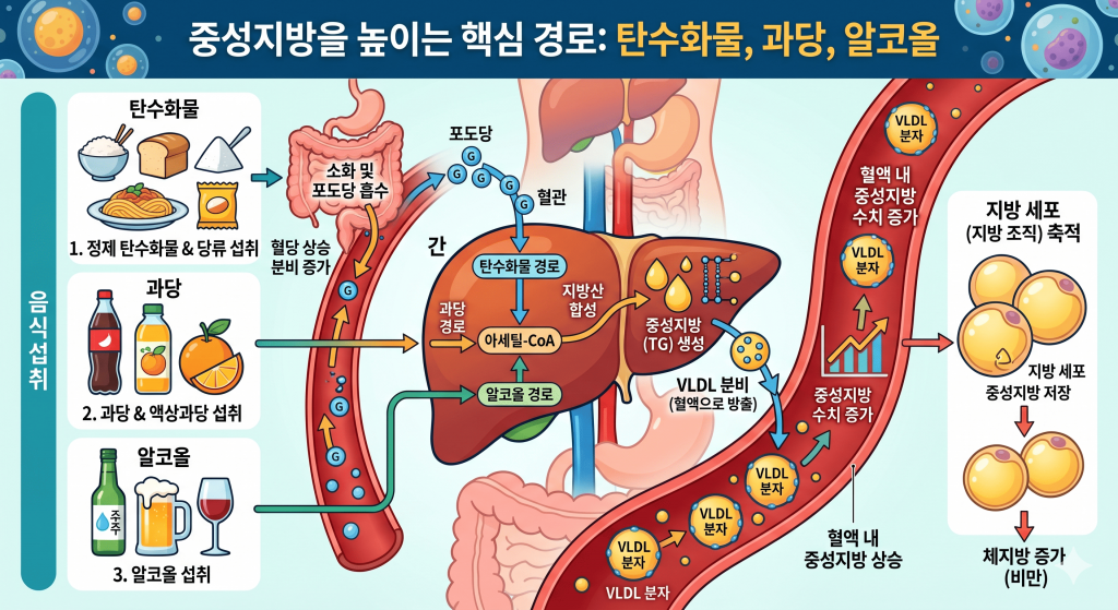 탄수화물 과당및 알콜등을 섭취시 중성지방이 높아지게되는 핵심경로를 나타내는 이미지