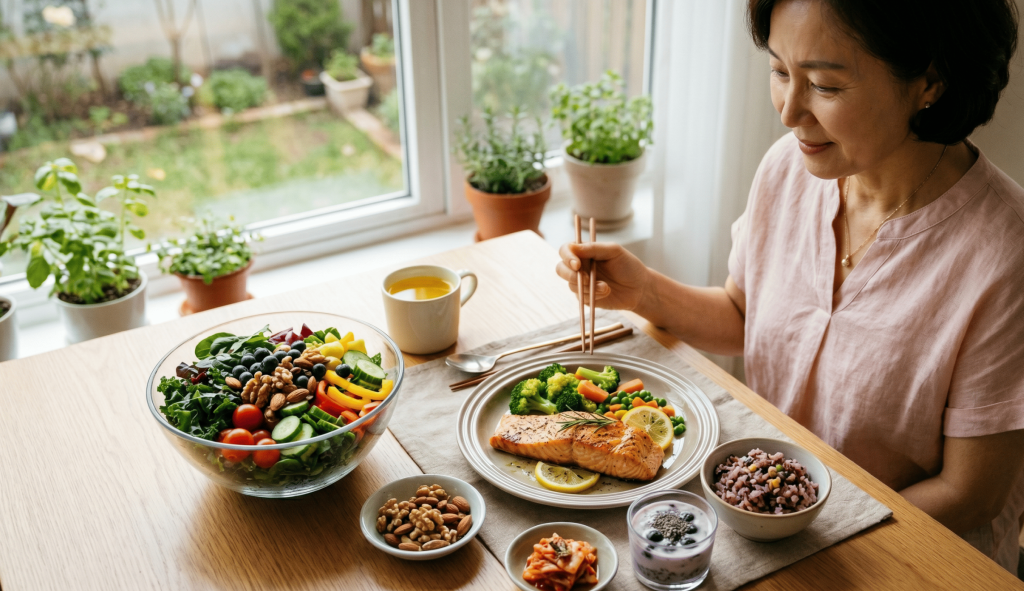 뇌기능에 좋은 음식 식품그룹을 먹고있는 중년여성