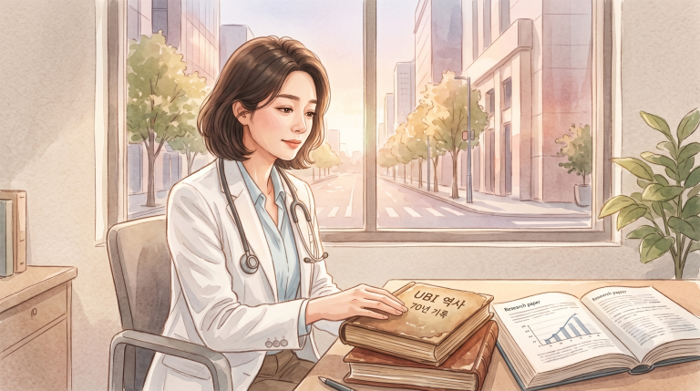 의사가 광양자 혈액치료의 70년 역사 문헌을 검토하는 모습을 담은 일러스트 English alt: Illustration of a physician reviewing historical literature on 70 years of ultraviolet blood irradiation research