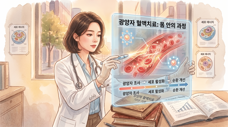 광양자 혈액치료의 몸 안 과정을 설명하는 의사 일러스트 — 혈액 세포 활성화와 순환 개선 단계를 나타낸 다이어그램English: Illustrated physician explaining the intravascular process of photon blood irradiation therapy, showing cell activation and circulation improvement stages
