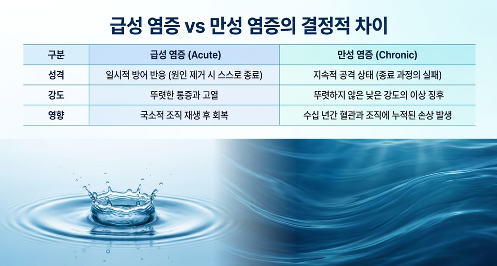 급성염증과 만성염증의 차이를 보여주는이미지 