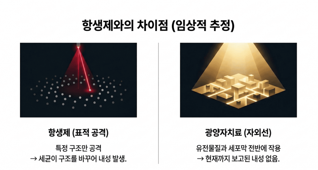 세균및 감염에 대해 작용하는 항생제치료와 광양자치료의 차이점 
