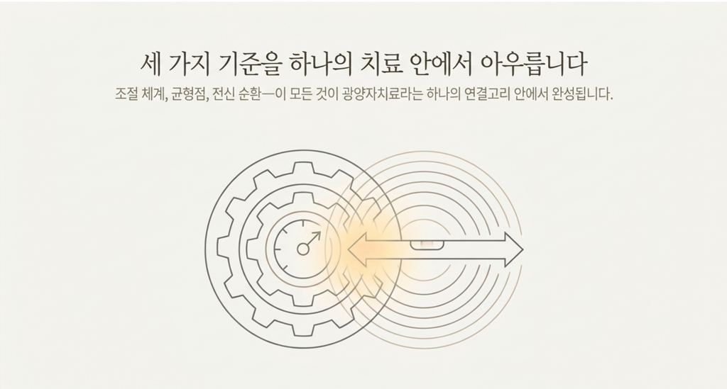 조절체계, 균형점, 전신순환의 3가지 기준을 목표로하는 광양자치료